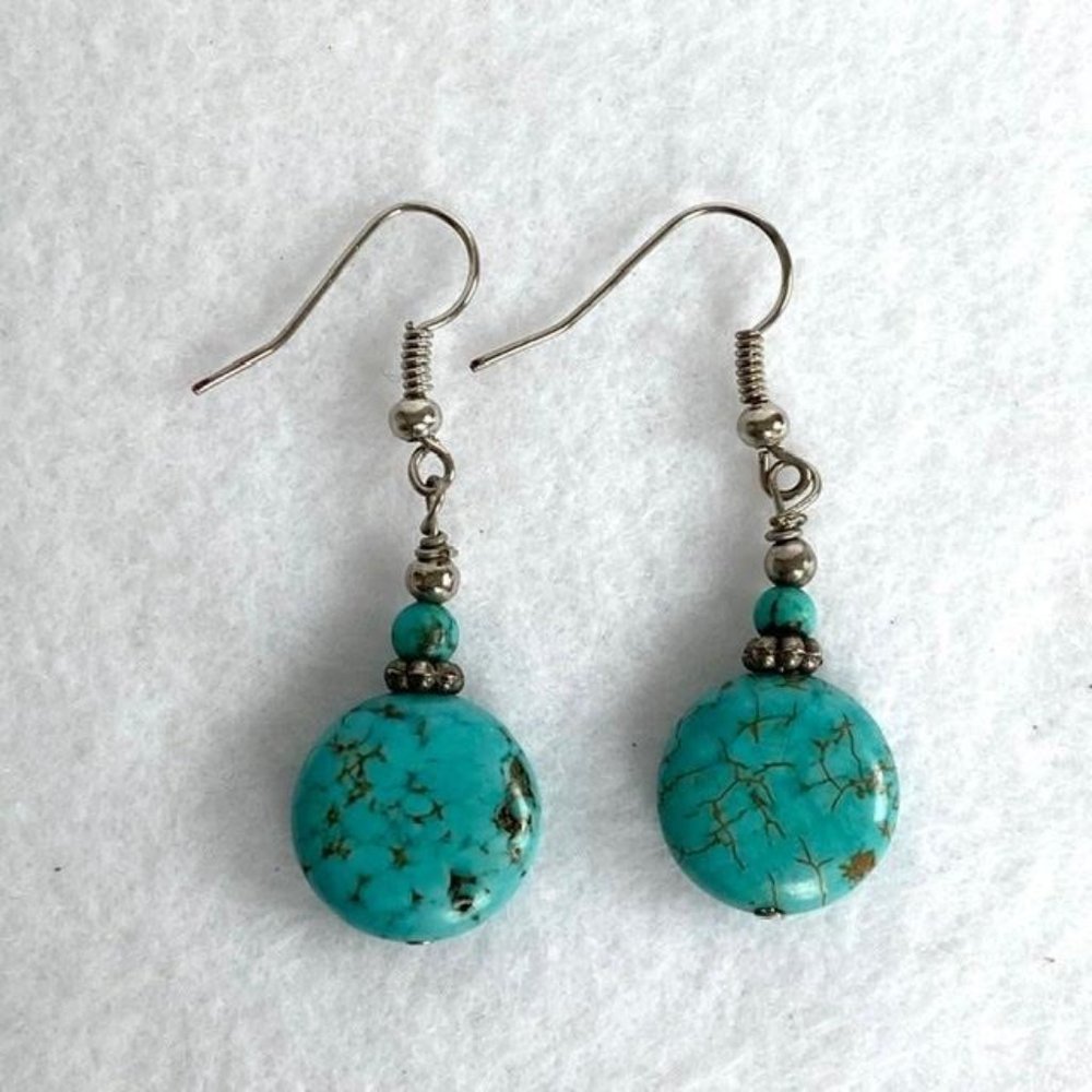 Turquoise Beaded Dangle Earrings Silver tone Boho - Picture 3 of 6